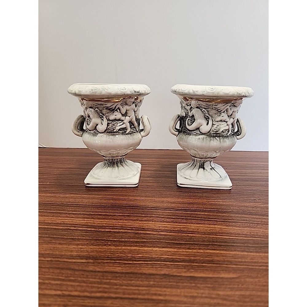 Set‎ of 2 Vintage 4 Inch Vase Original Lefton Sticker Cherub Mermaid Porcelain